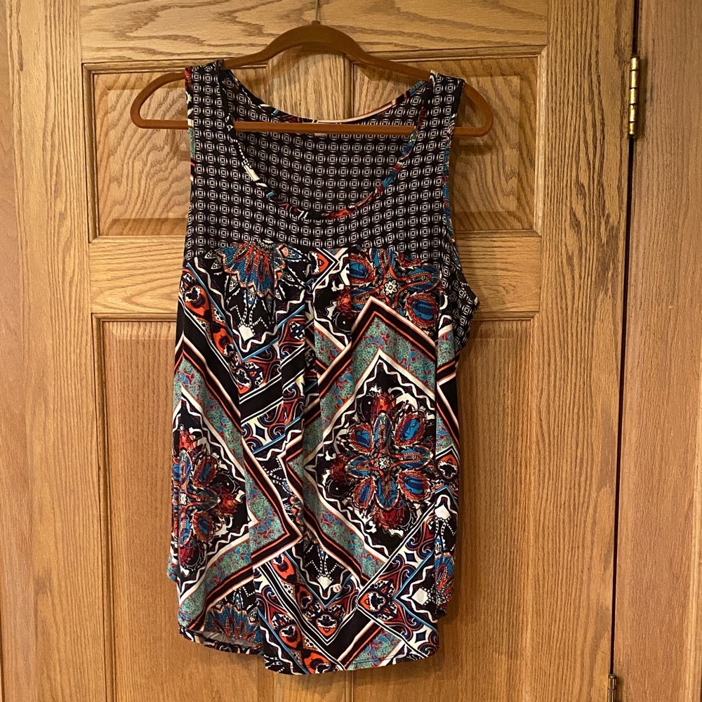 Anthropologie Black and Red Patterned Boho Tank Top by Westin